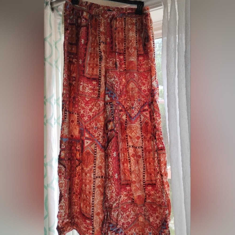 Bohemian Red and Orange Patterned Wide Leg Pants